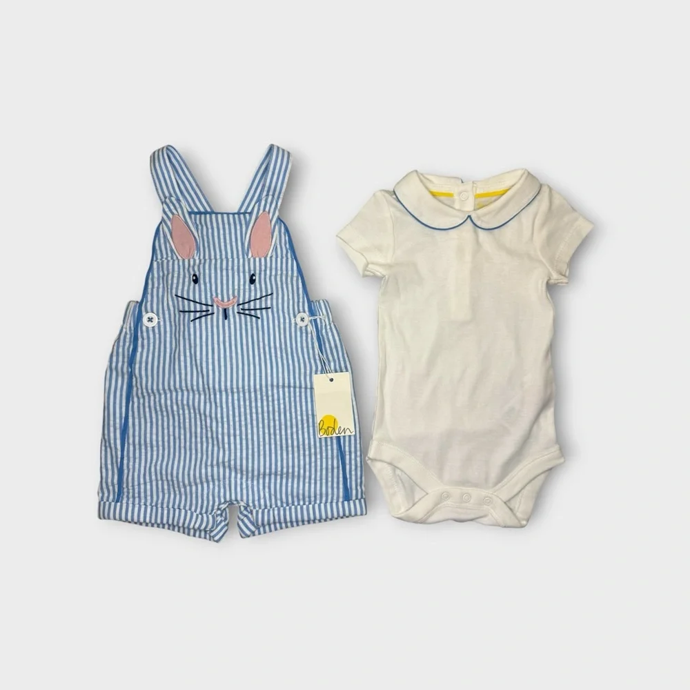 Mini Boden Blue Stripe Bunny Romper & Peter Pan Collar Bodysuit Matching Set